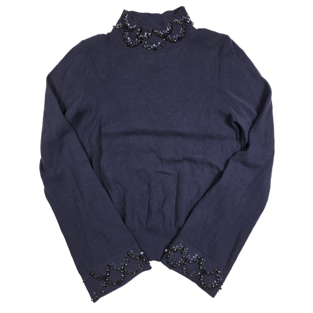 Ann Taylor Navy Knit Black Sequin Beaded Mock Neck Sweater Women's Size Medium